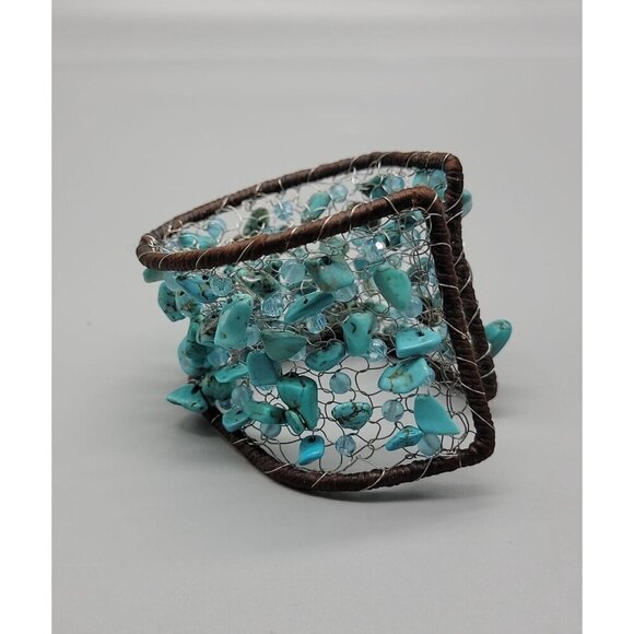 Chunky Turquoise Open Cuff Bracelet Wire Stitched Stones Handcrafted Size 7.5" - Picture 16 of 16